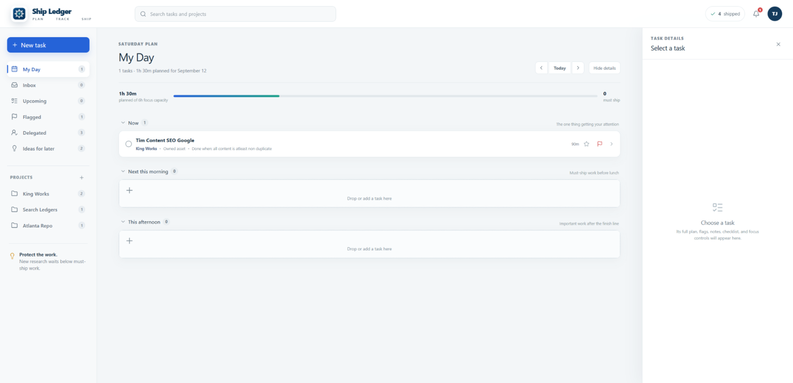 Ship Ledger My Day screen showing focused work, flagged tasks and daily planning